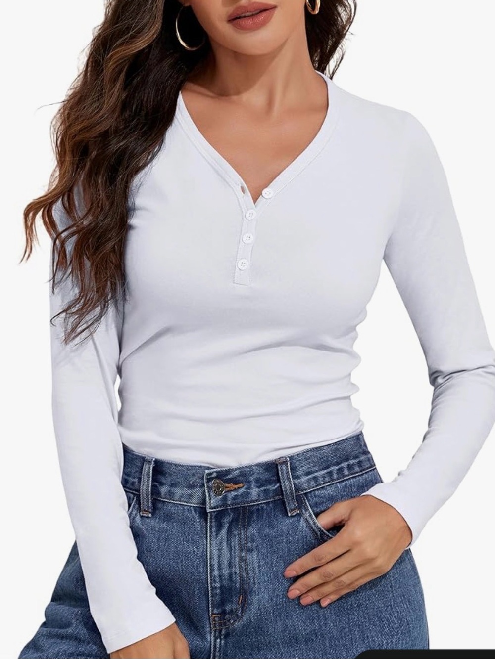 Women's White Long Sleeve Henley Top - Classic V-Neck Button Tee